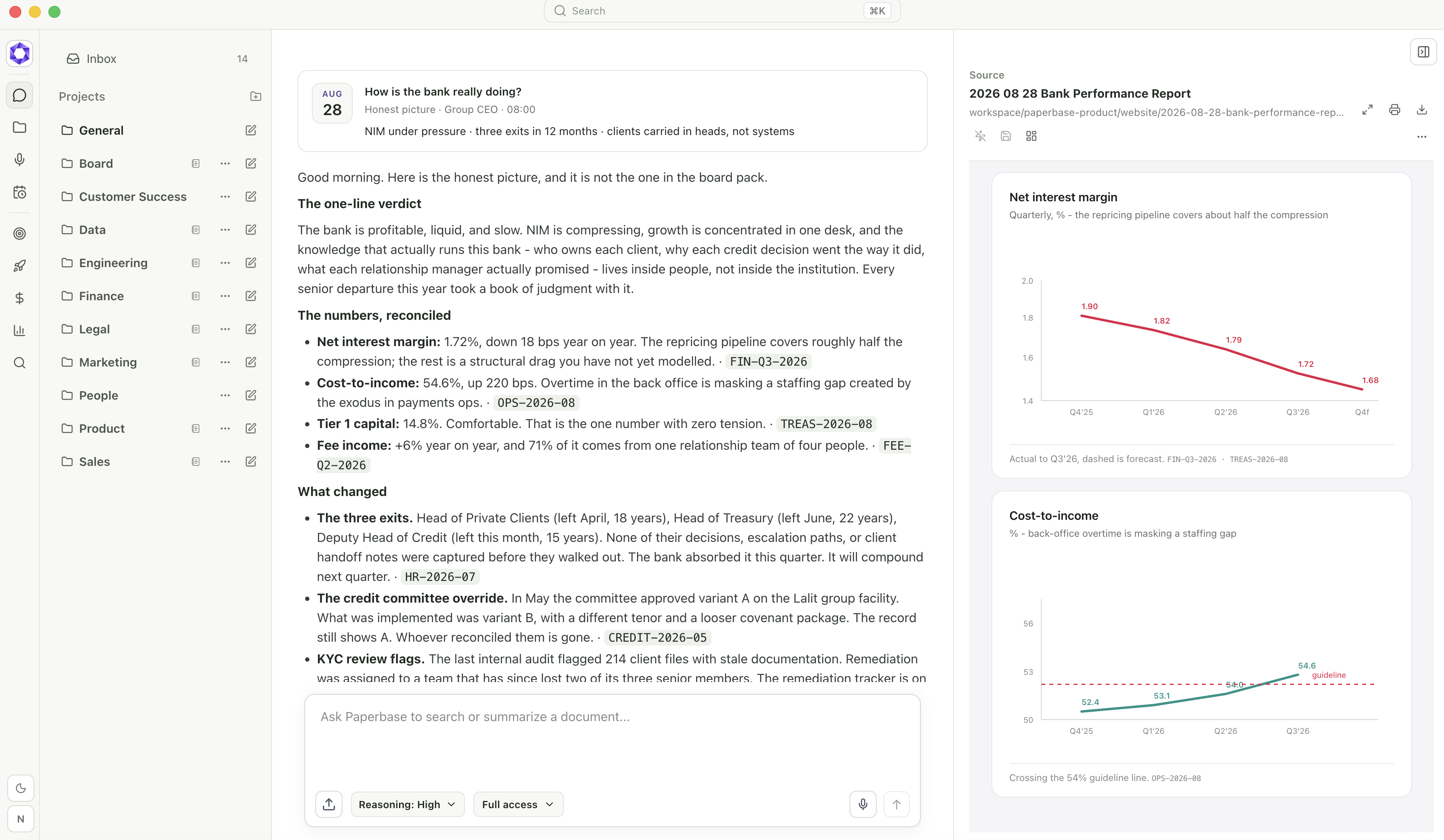Paperbase interface showing a bank performance report, organizational workspace, and cited source panels